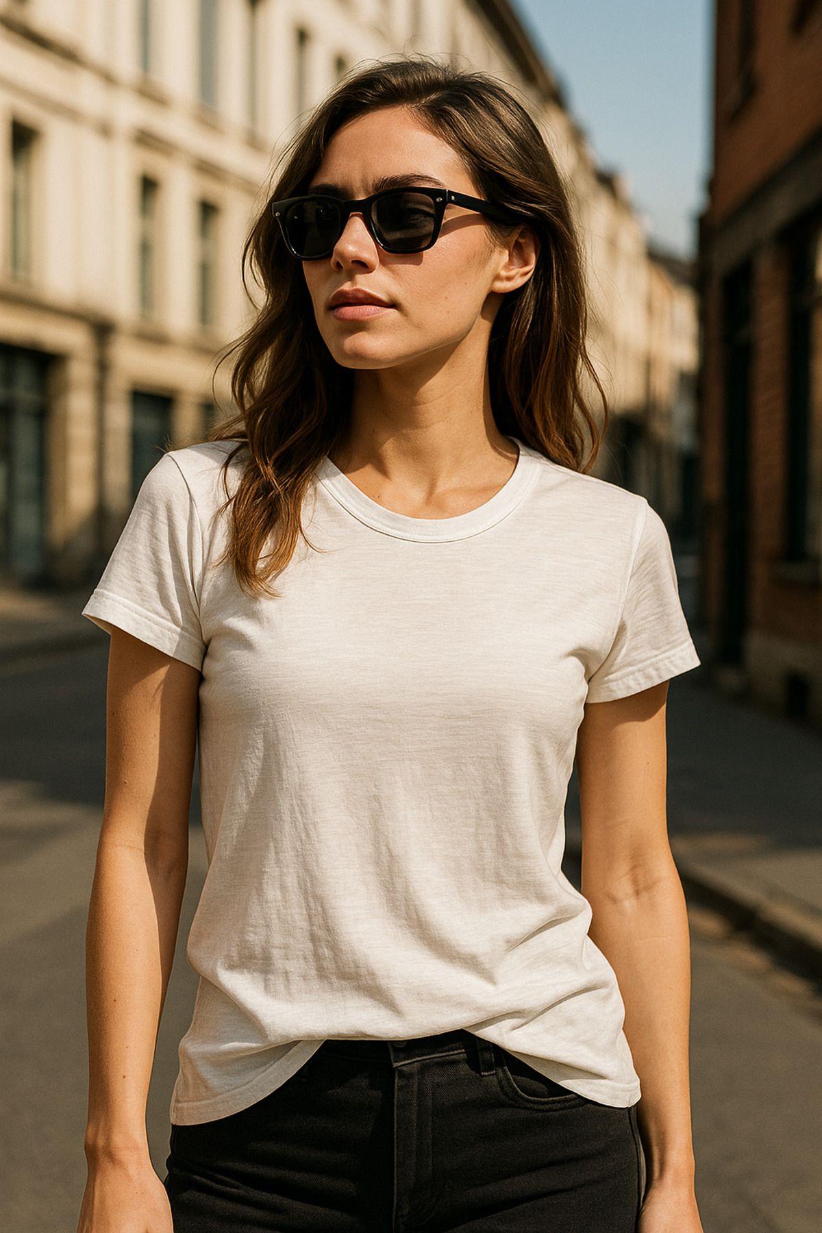 Kadın %100 Organik Pamuklu Relaxed Yıkamalı T-shirt Bisiklet Yaka Kısa Kollu Kadın Basic Tişört