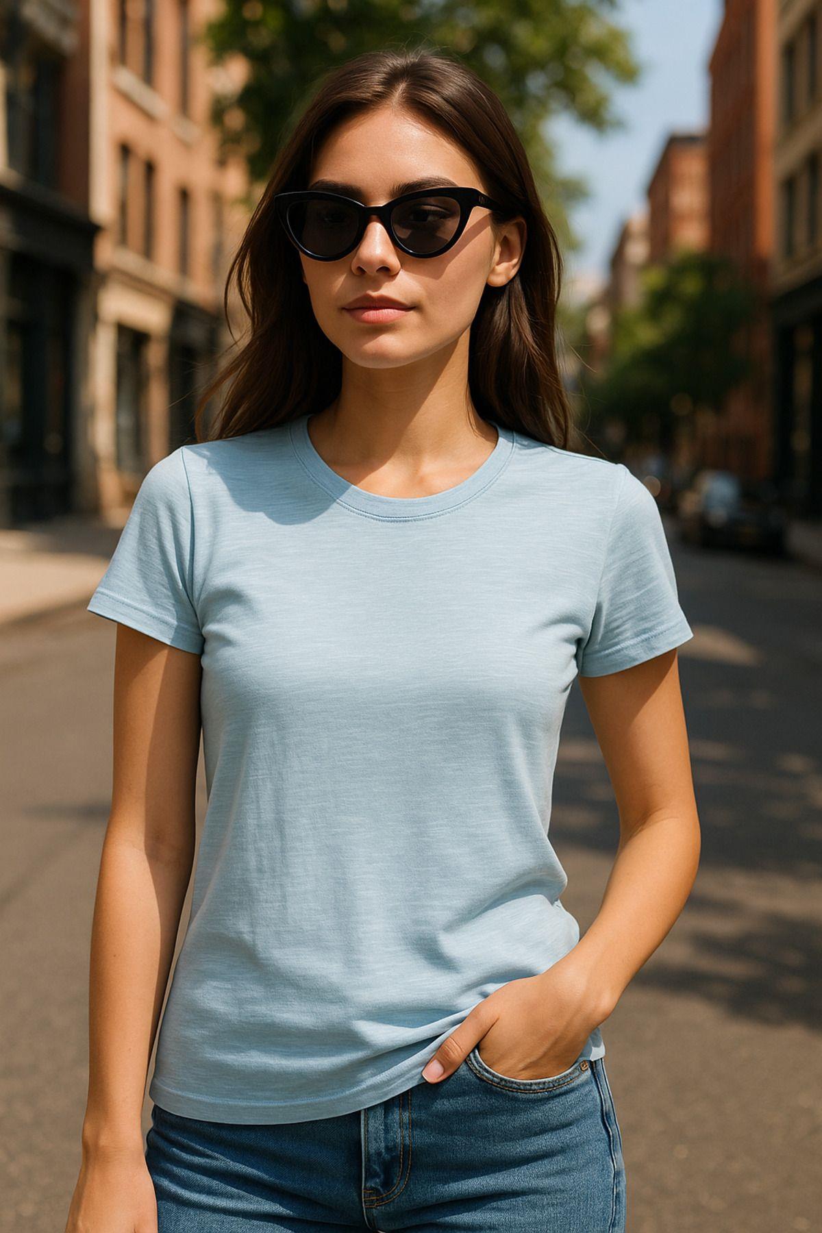 Kadın %100 Organik Pamuklu Relaxed Yıkamalı T-shirt Bisiklet Yaka Kısa Kollu Kadın Basic Tişört