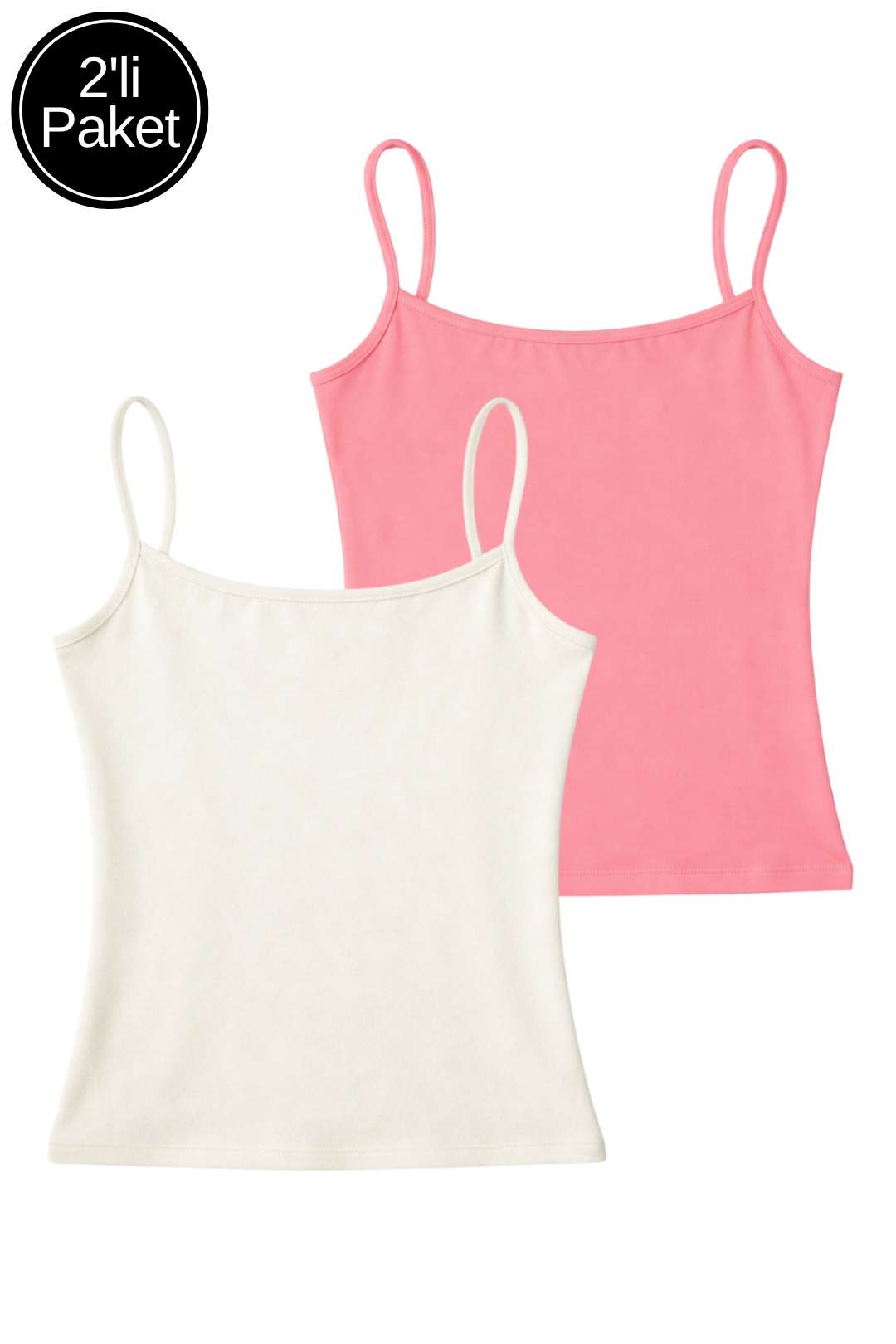 Kadın 2'li Paket Beyaz-Pembe Pamuklu Askılı Crop Atlet