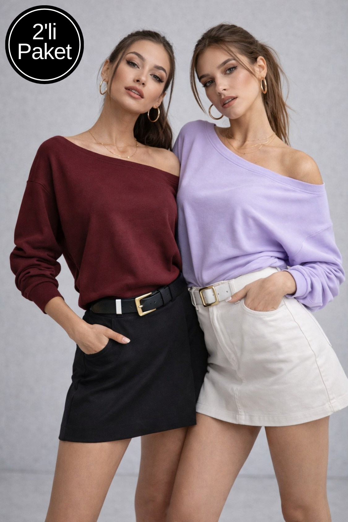 Kadın 2'li Paket Bordo - Lila Düşük Omuz Modal Bluz