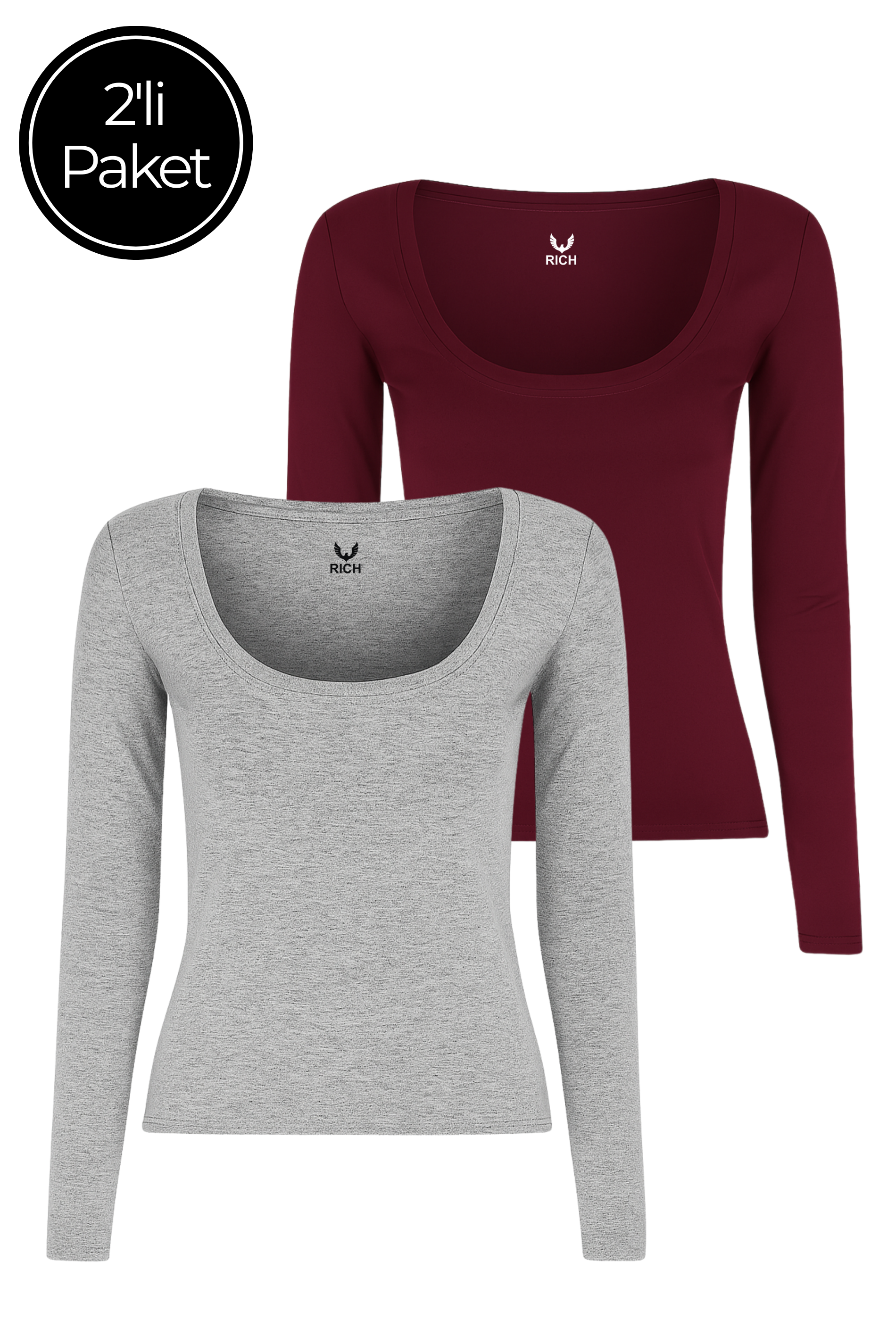 Kadın 2'li Paket Gri Melanj-Bordo U Yaka Vücudu Saran Uzun Kollu Bluz