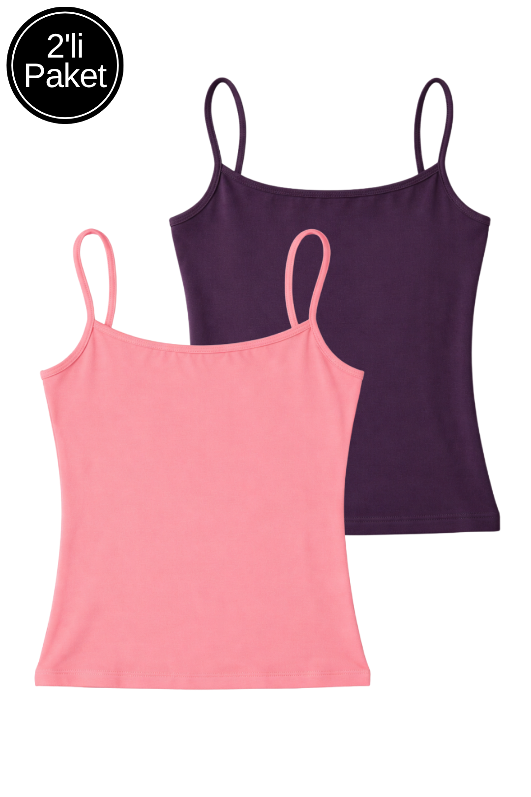 Kadın 2'li Paket Pembe-Mor Pamuklu Askılı Crop Atlet