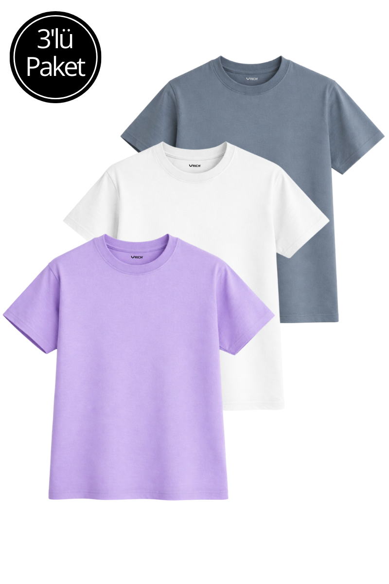 Kadın 3'lü Paket Antrasit-Beyaz-Lila %100 Pamuk Oversize Basic Tişört Bisiklet Yaka Relaxed T-Shirt