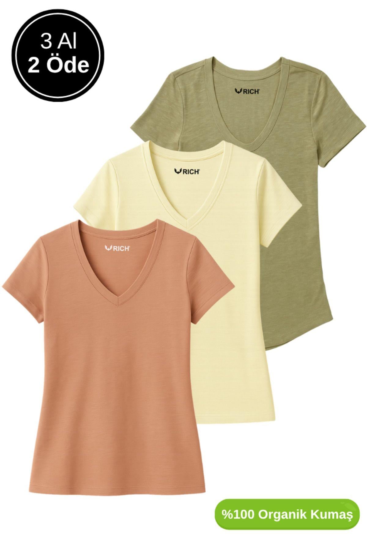 Kadın 3'lü Paket Haki-Sarı-Kahverengi %100 Organik Pamuk Normal Kesim Tişört V Yaka T-Shirt