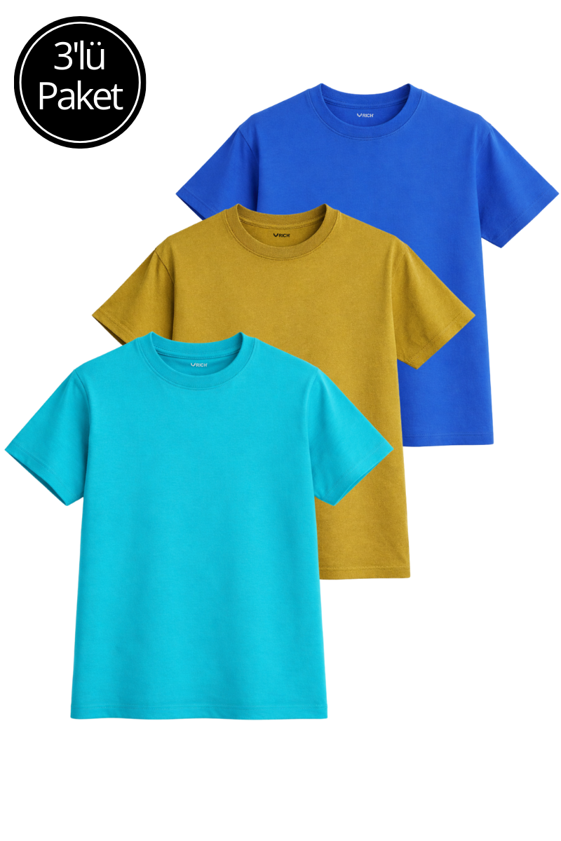 Kadın 3'lü Paket Hardal-Turkuaz-Saks Mavi %100 Pamuk Oversize Basic Tişört Bisiklet Yaka Relaxed T-Shirt
