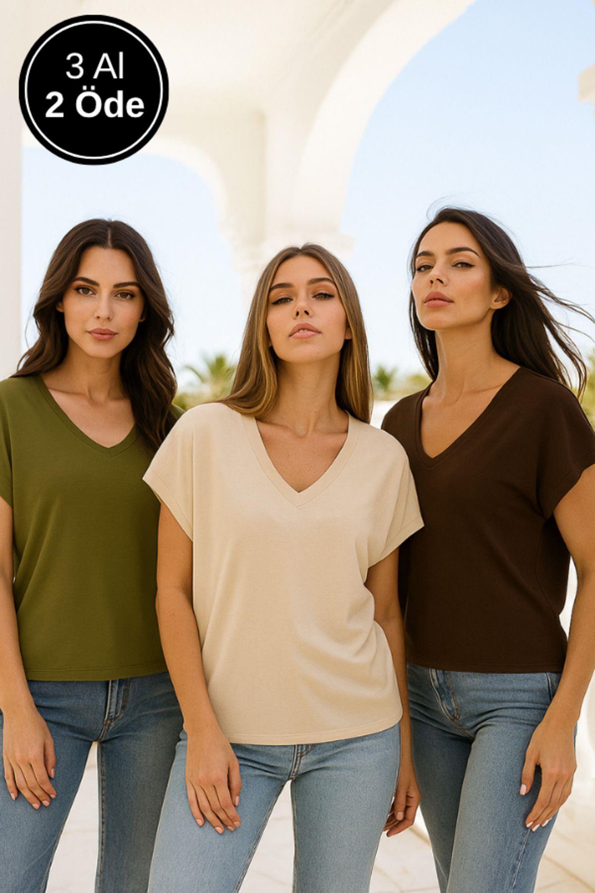 Kadın 3lü Paket Kahverengi-Haki-Bej Viskon Ön Arka V Yakalı T-shirt Yarasa Kol Relaxed Bluz