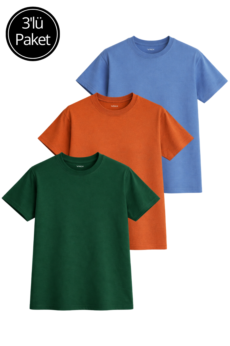 Kadın 3'lü Paket Mavi-Yeşil-Turuncu %100 Pamuk Oversize Basic Tişört Bisiklet Yaka Relaxed T-Shirt