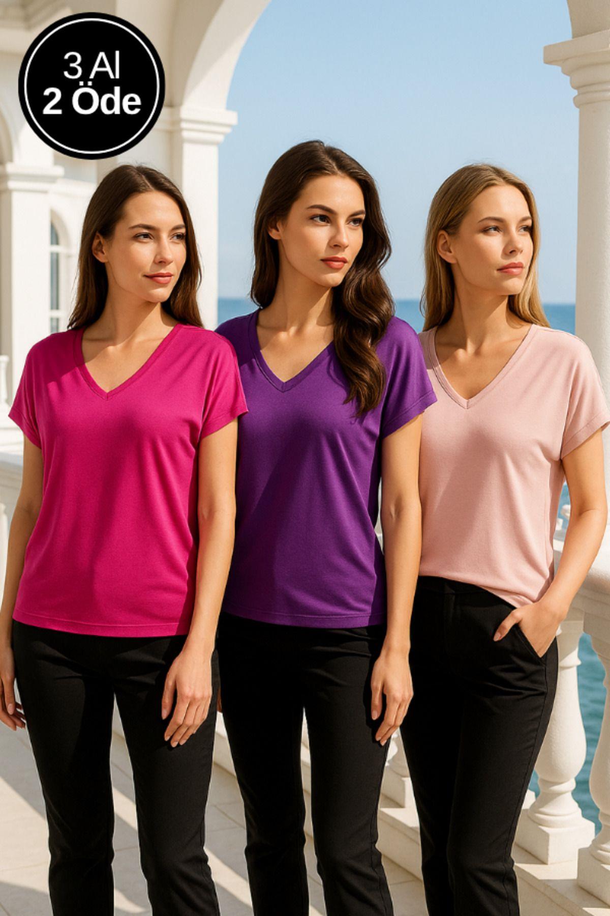 Kadın 3lü Paket Mor-Pembe-Pudra Viskon V Yakalı T-shirt Kısa Kollu Rahat Kesim Bluz