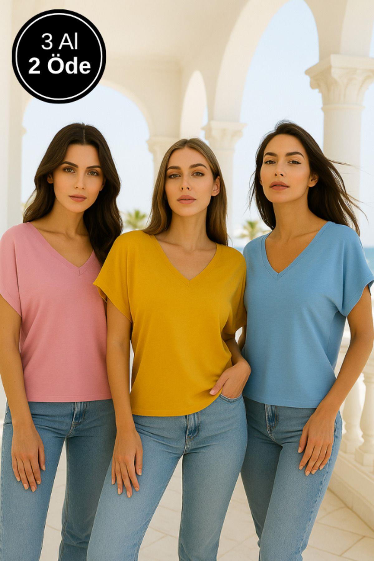 Kadın 3lü Paket Pembe-Mavi-Hardal Viskon Ön Arka V Yakalı T-shirt Yarasa Kol Relaxed Bluz