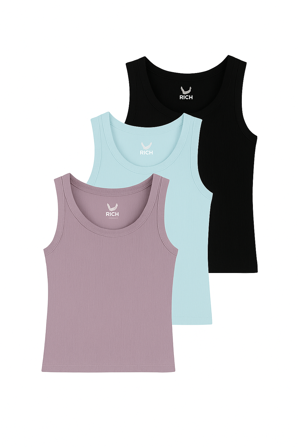 Kadın 3'lü Paket Siyah-Açık Mavi-Lila Sıfır Kol Kaşkorse Body-Bisiklet Yaka %100 Pamuk Atlet Bluz