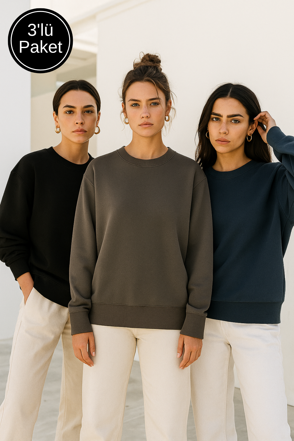 Kadın 3'lü Paket Siyah - Antrasit - Lacivert Basic Bisiklet Yaka Sweatshirt
