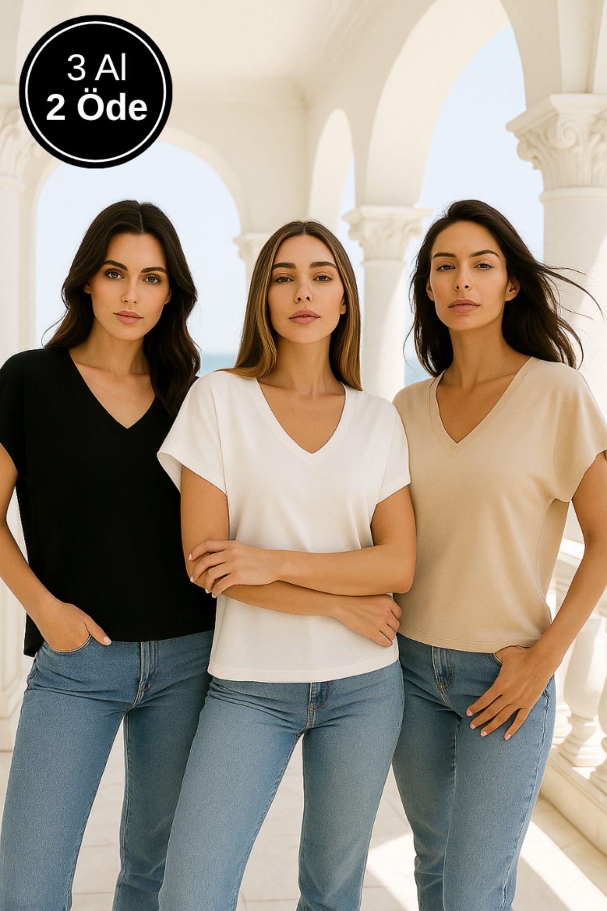 Kadın 3lü Paket Siyah-beyaz-bej Viskon Ön Arka V Yakalı T-shirt Yarasa Kol Relaxed Bluz