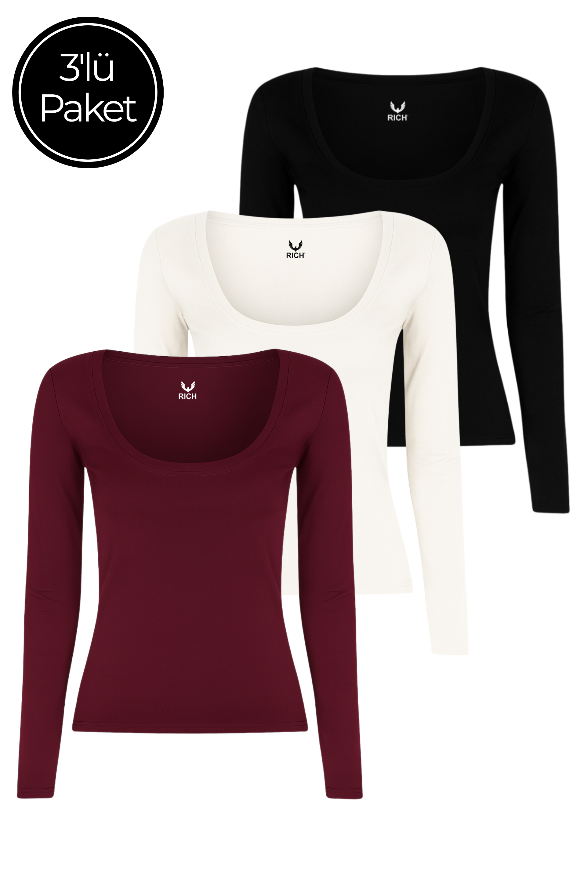 Kadın 3'lü Paket Siyah-Beyaz-Bordo U Yaka Vücudu Saran Uzun Kollu Bluz