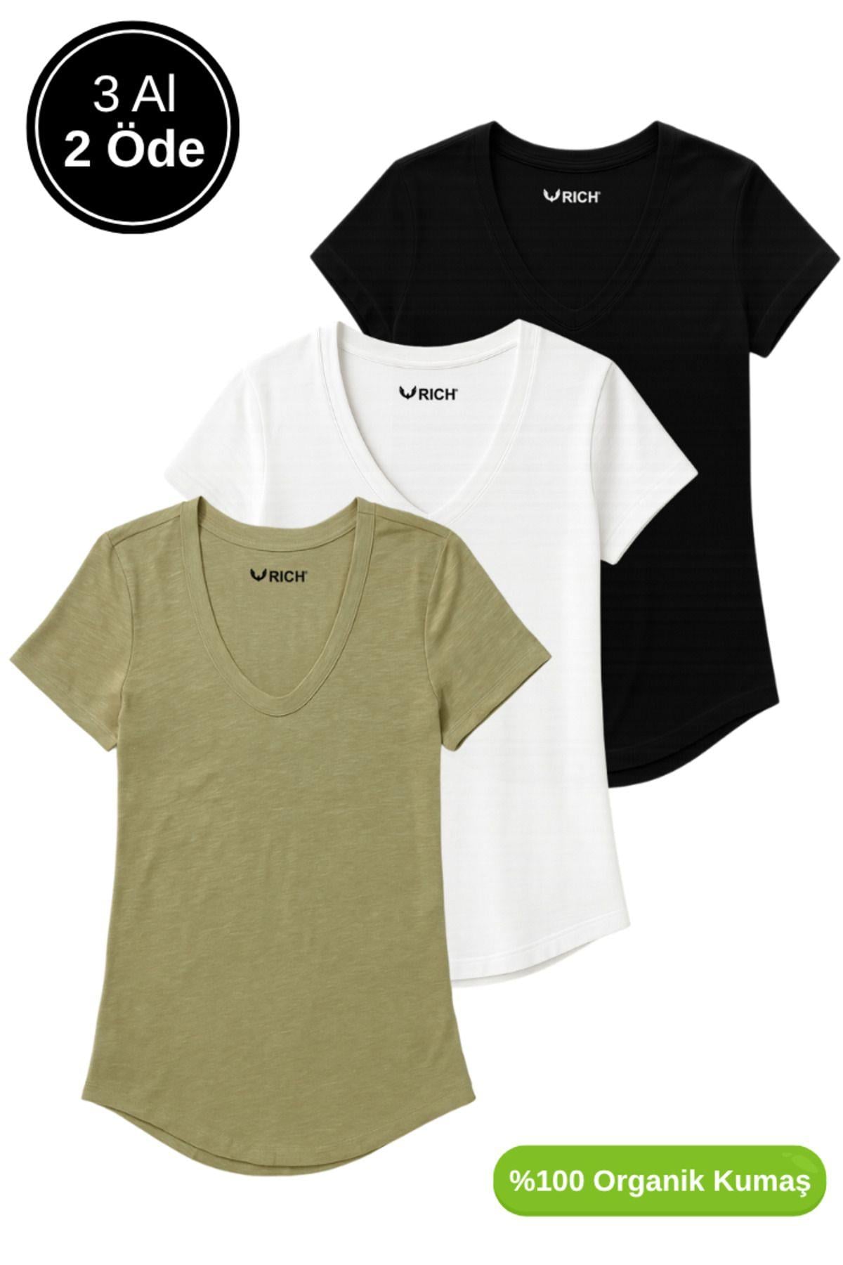 Kadın 3'lü Paket Siyah-Beyaz-Haki %100 Organik Pamuk Normal Kesim Tişört V Yaka T-Shirt