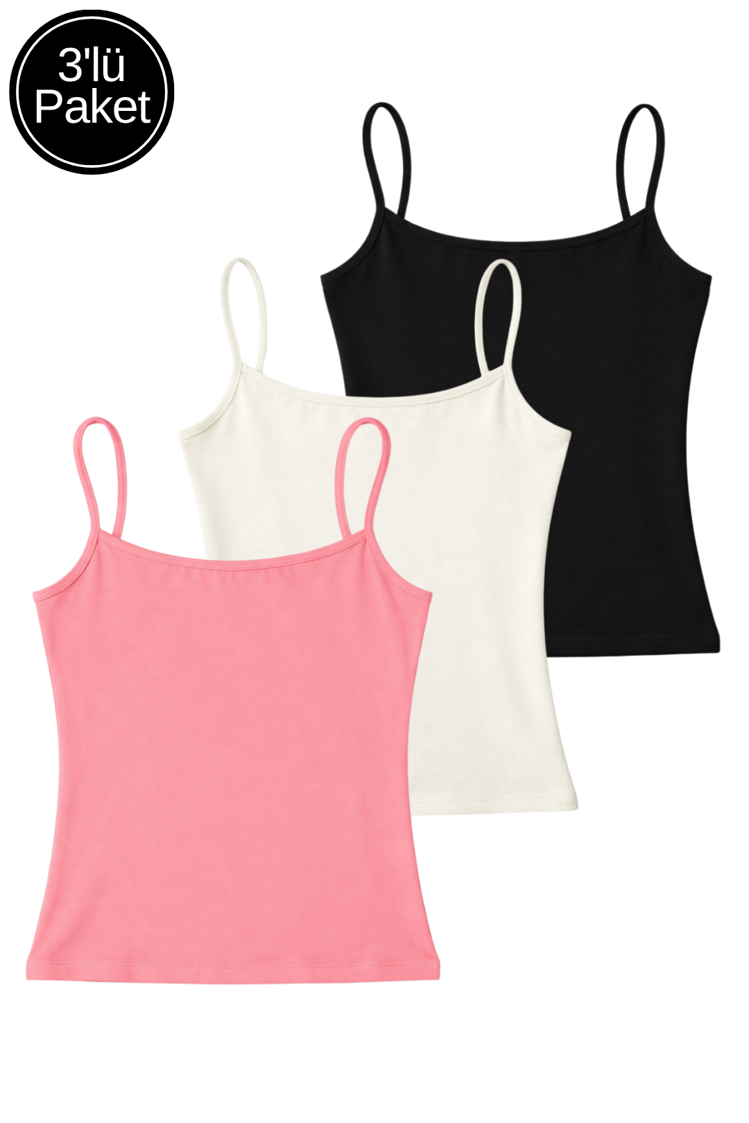 Kadın 3'lü Paket Siyah-Beyaz-Pembe Pamuklu Askılı Crop Atlet
