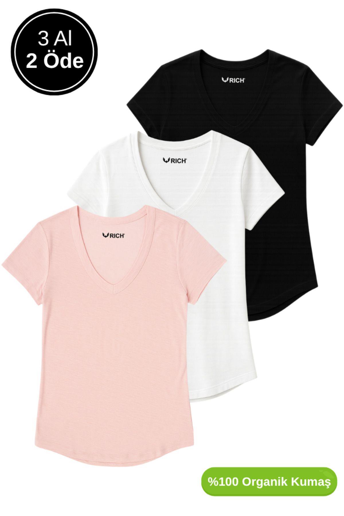Kadın 3'lü Paket Siyah-Beyaz-Pudra %100 Organik Pamuk Normal Kesim Tişört V Yaka T-Shirt