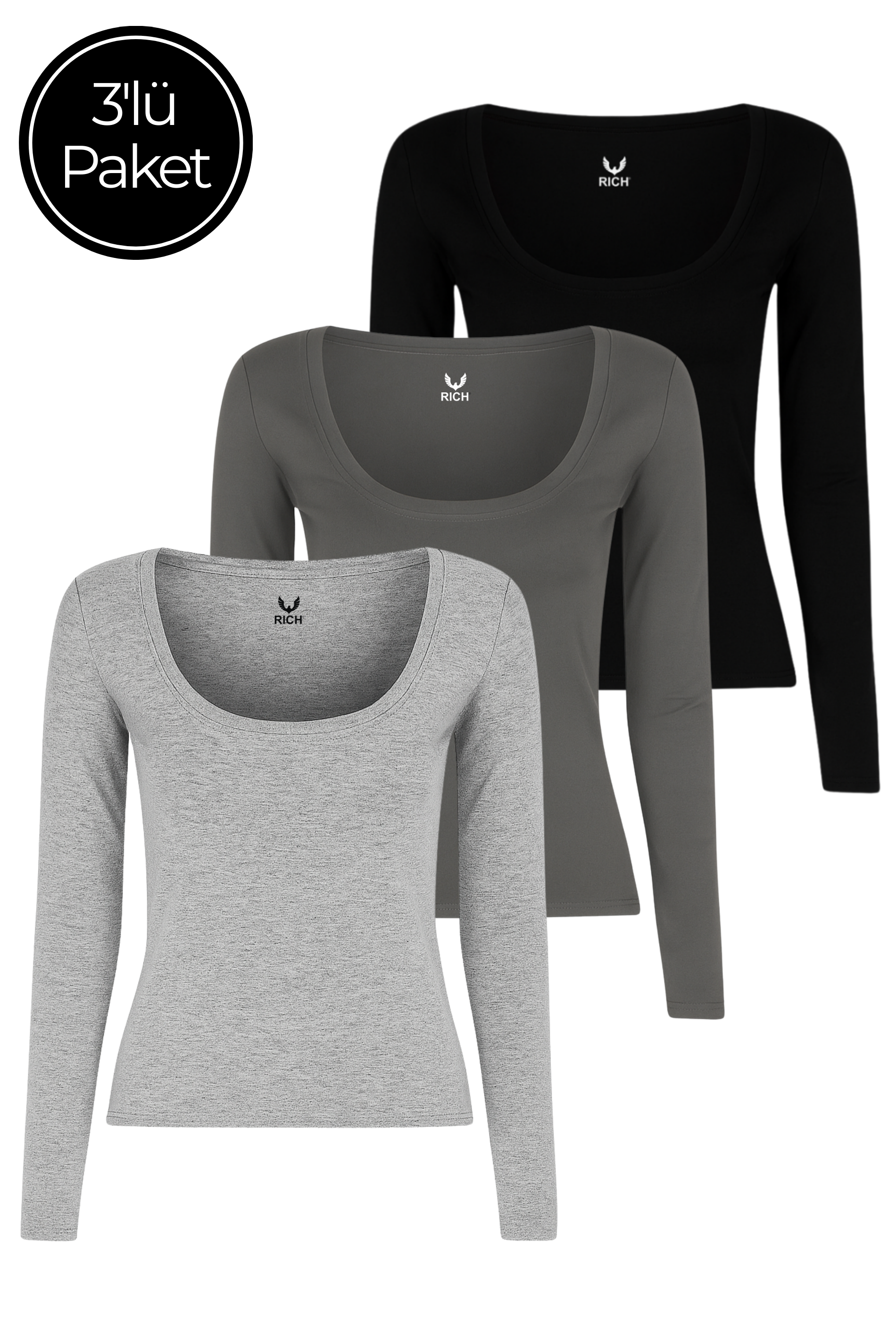Kadın 3'lü Paket Siyah-Füme-Gri Melanj U Yaka Vücudu Saran Uzun Kollu Bluz