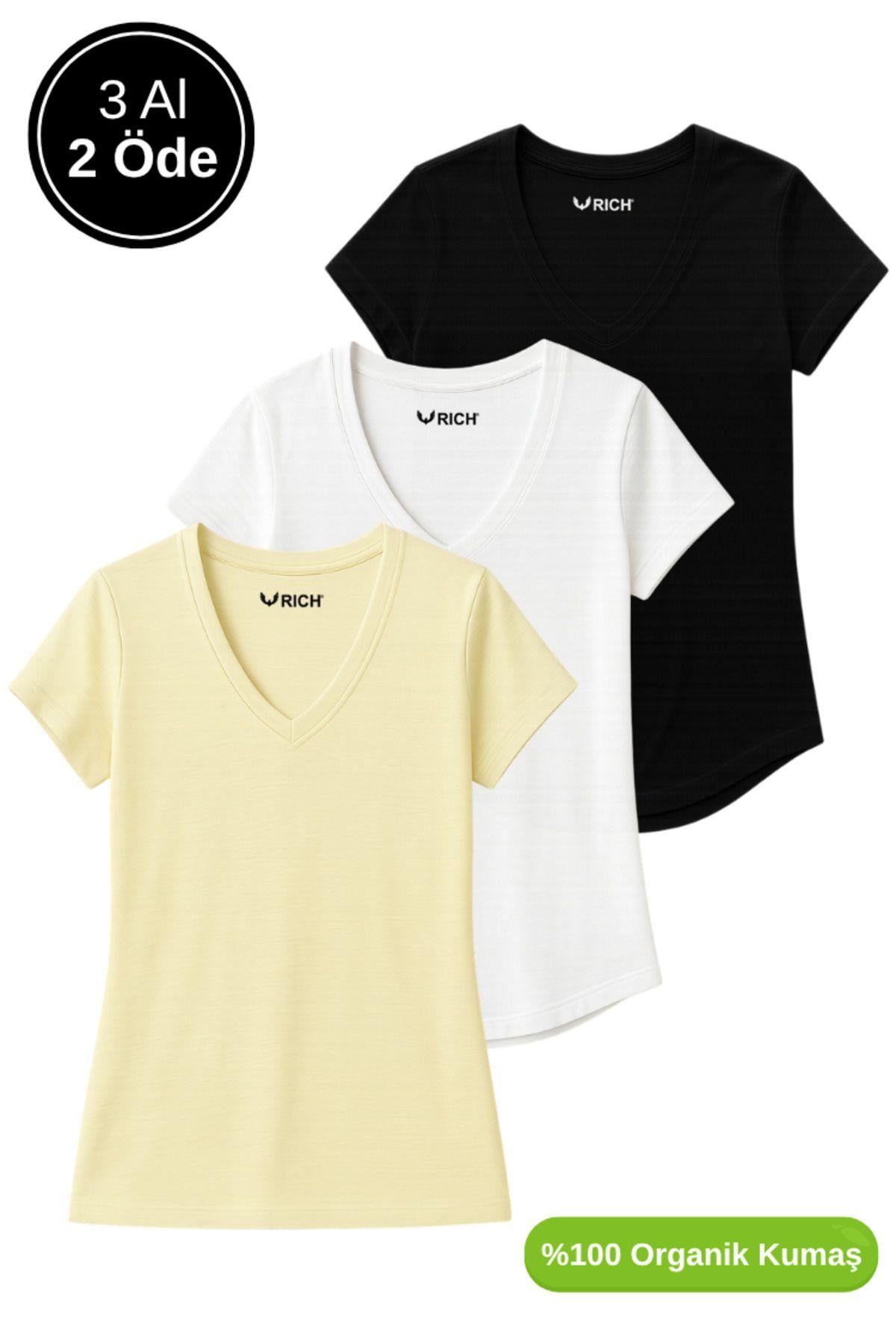 Kadın 3'lü Paket Siyah-Sarı-Beyaz %100 Organik Pamuk Normal Kesim Tişört V Yaka T-Shirt