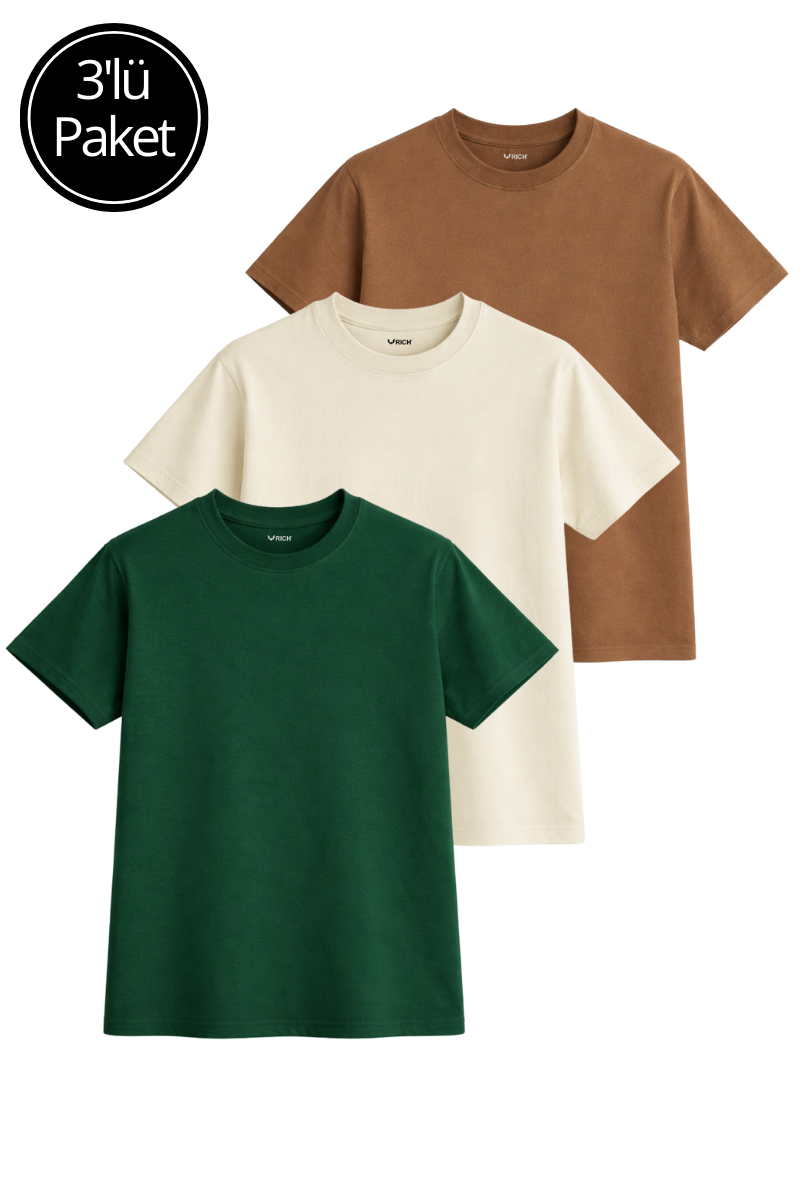 Kadın 3'lü Paket Yeşil-Bej-Kahve %100 Pamuk Oversize Basic Tişört Bisiklet Yaka Relaxed T-Shirt
