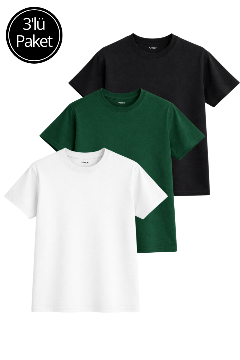 Kadın 3'lü Paket Yeşil-Beyaz-Siyah %100 Pamuk Oversize Basic Tişört Bisiklet Yaka Relaxed T-Shirt