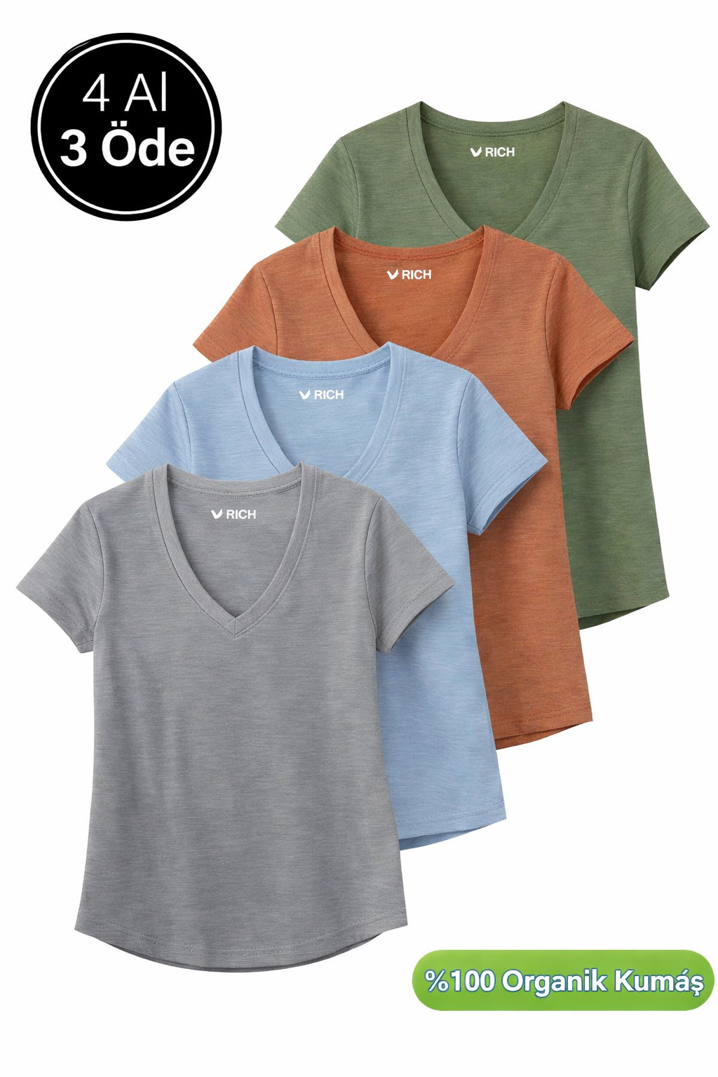 Kadın 4'lü Paket Koyu Gri-Mavi-Kiremit-Haki %100 Organik Pamuk Tişört V Yaka T-Shirt
