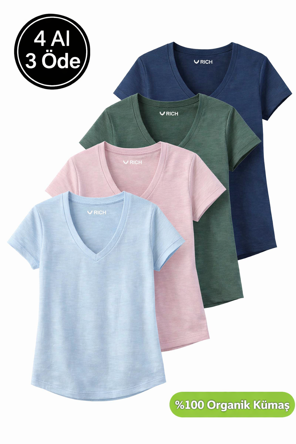 Kadın 4'lü Paket Lacivert-Koyu Yeşil-Pembe-Mavi %100 Organik Pamuk Tişört V Yaka T-Shirt