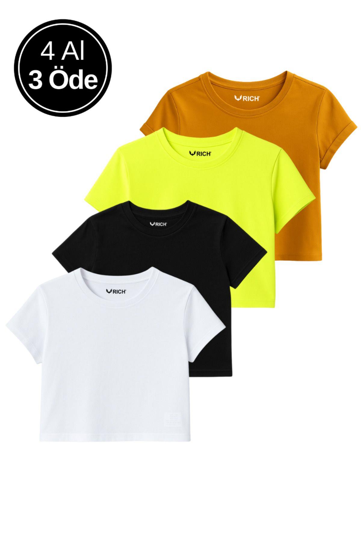 Kadın 4'lü Paket Oversize Crop Tişört %100 Pamuk Bisiklet Yaka T-Shirt