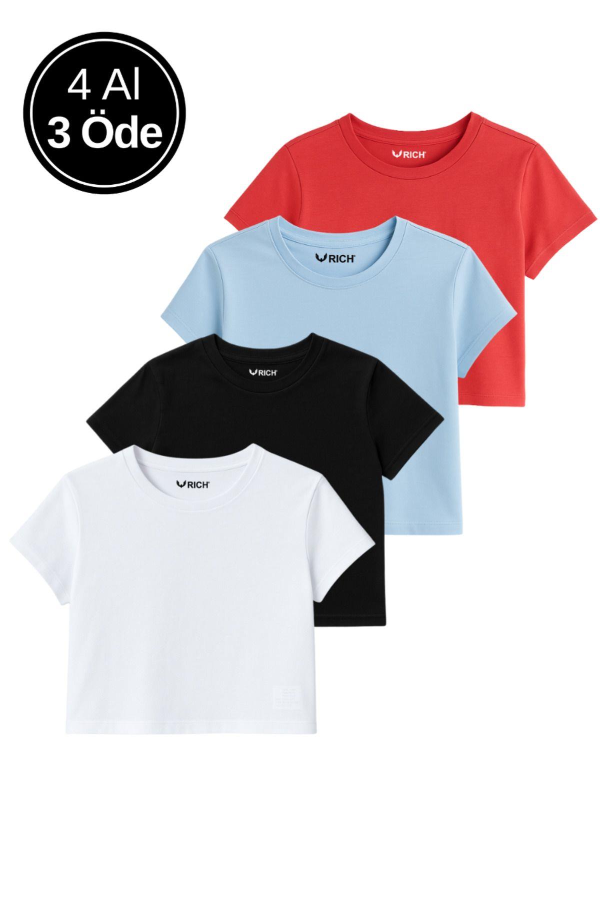 Kadın 4'lü Paket Oversize Crop Tişört %100 Pamuk Bisiklet Yaka T-Shirt