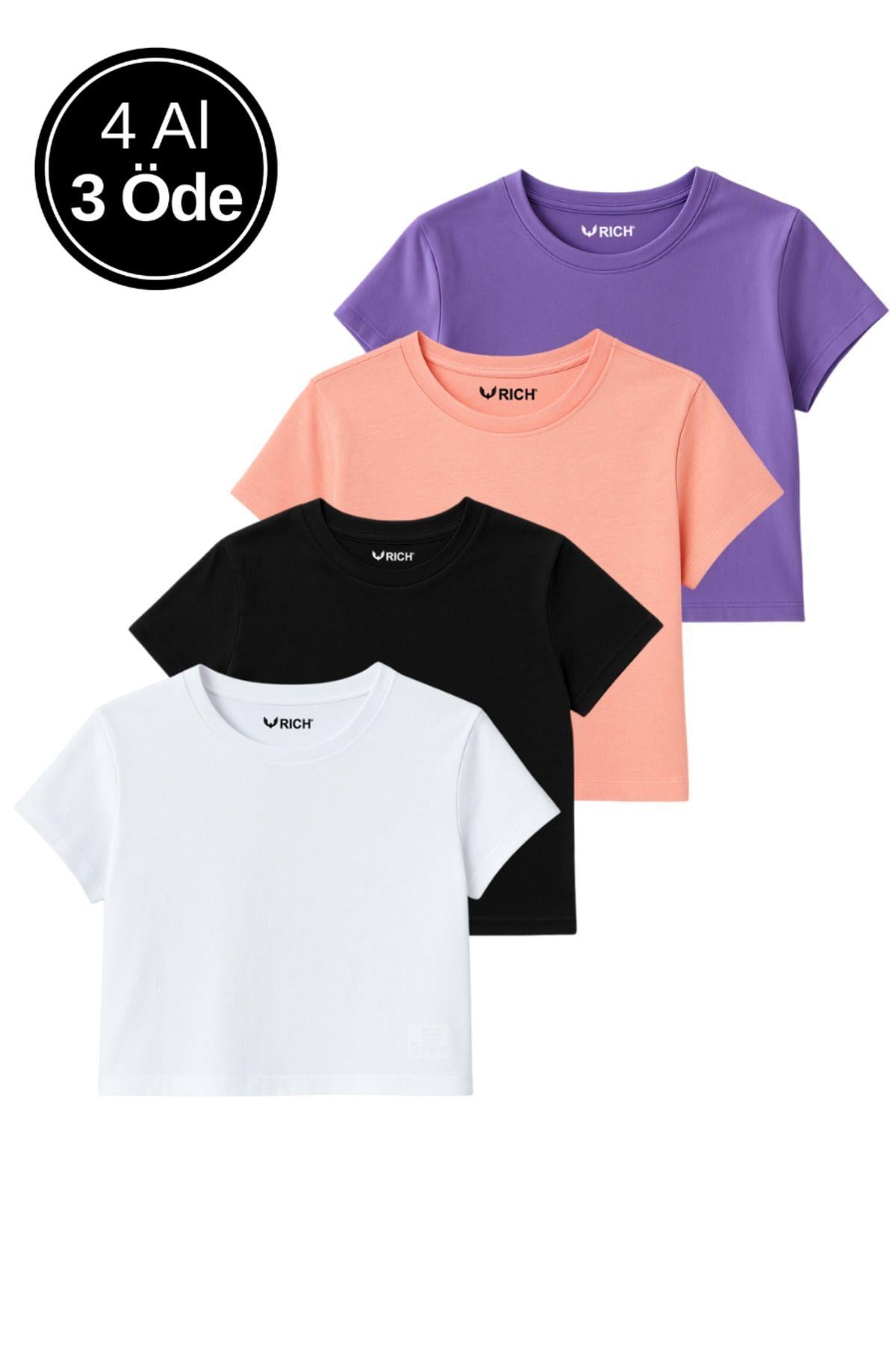 Kadın 4'lü Paket Oversize Crop Tişört %100 Pamuk Bisiklet Yaka T-Shirt