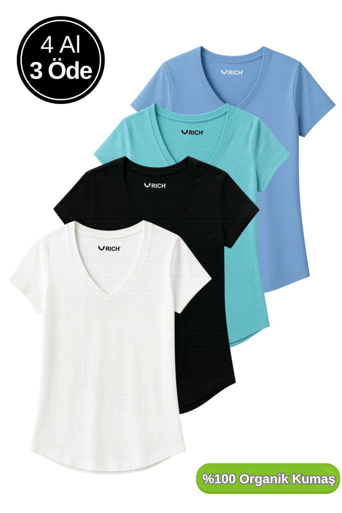 Kadın 4'lü Paket Siyah-Beyaz-Turkuvaz-Mavi %100 Organik Pamuk Tişört V Yaka T-Shirt