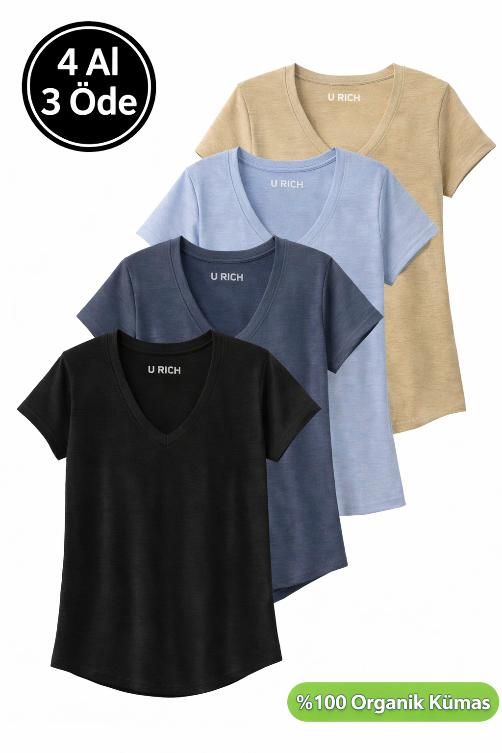 Kadın 4'lü Paket Siyah-Mavi-Açık Haki-Petrol %100 Organik Pamuk Tişört V Yaka T-Shirt