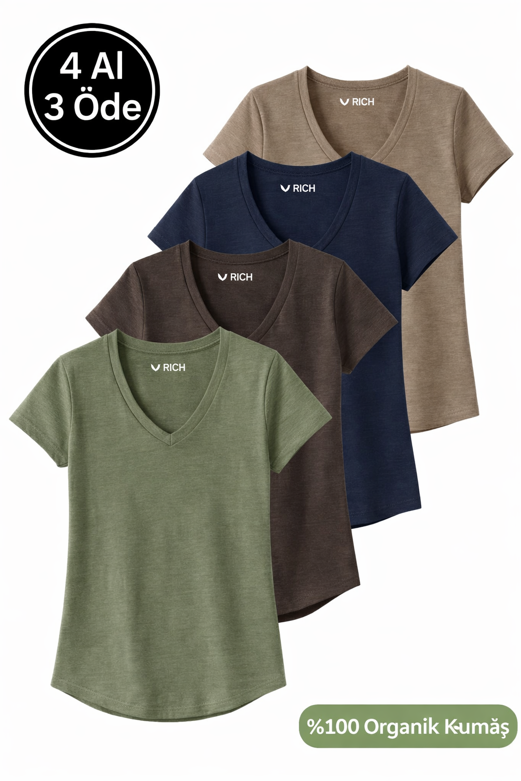 Kadın 4'lü Paket Vizon-Lacivert-Kahverengi-Haki %100 Organik Pamuk Tişört V Yaka T-Shirt
