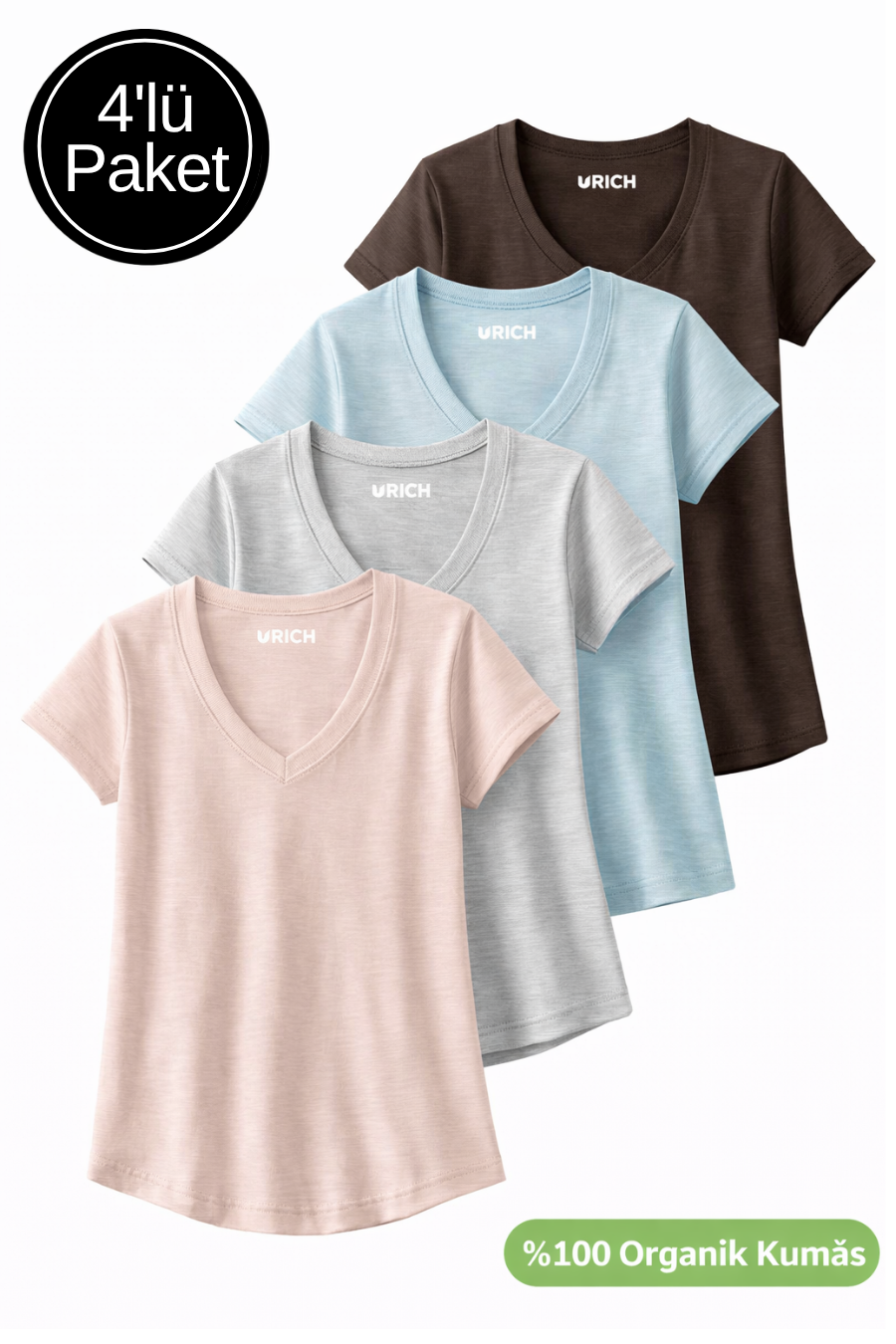 Kadın 4'lü Paket Yavru Ağzı-Gri Melanj-Açık Mavi-Kahverengi %100 Organik Pamuk Tişört V Yaka T-Shirt