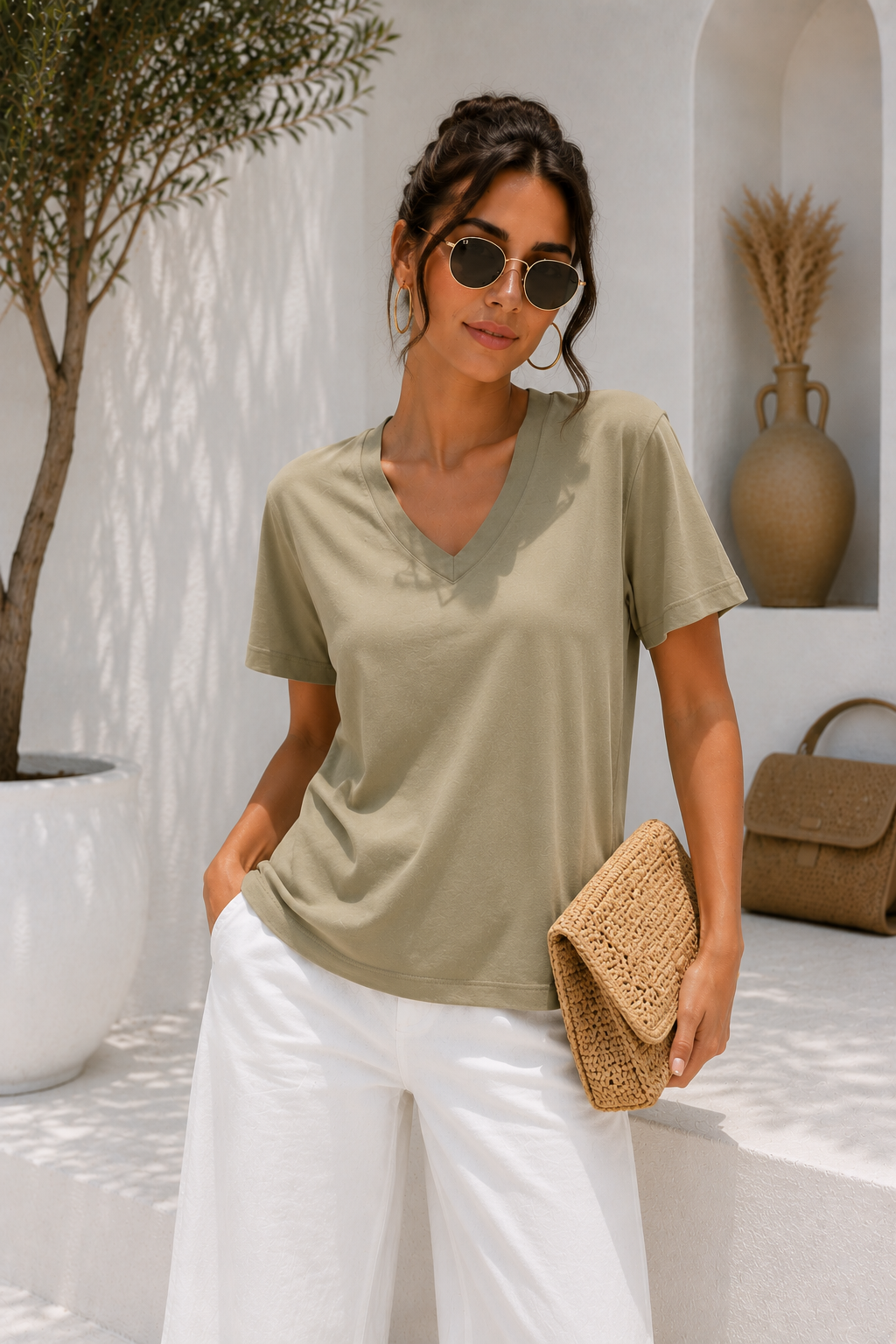 Kadın Açık Haki Yumuşak Dokulu İnterlock V Yaka Basic T-Shirt