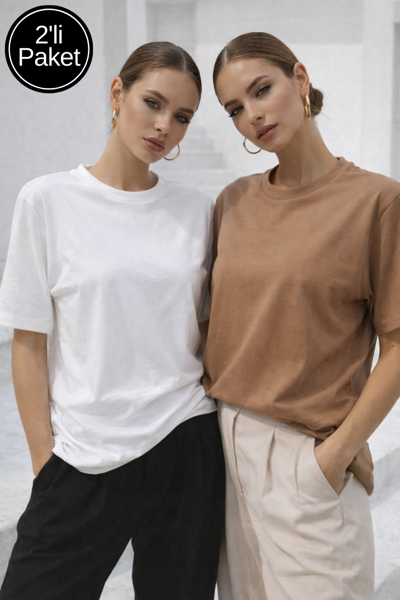 Kadın Açık Kahve-Beyaz 2'li Paket Premium Modal Kumaş Oversize Tişört