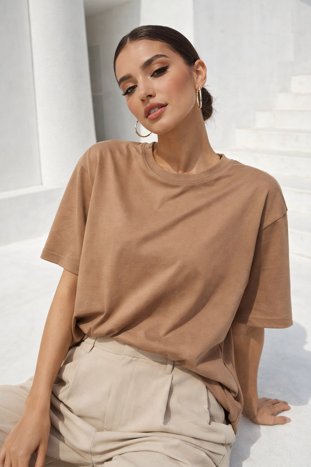 Kadın Açık Kahverengi Premium Modal Kumaş Oversize T-Shirt
