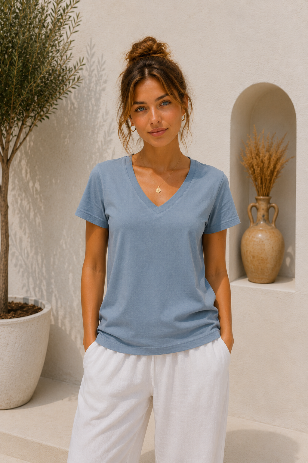 Kadın Açık Mavi Yumuşak Dokulu İnterlock V Yaka Basic T-Shirt