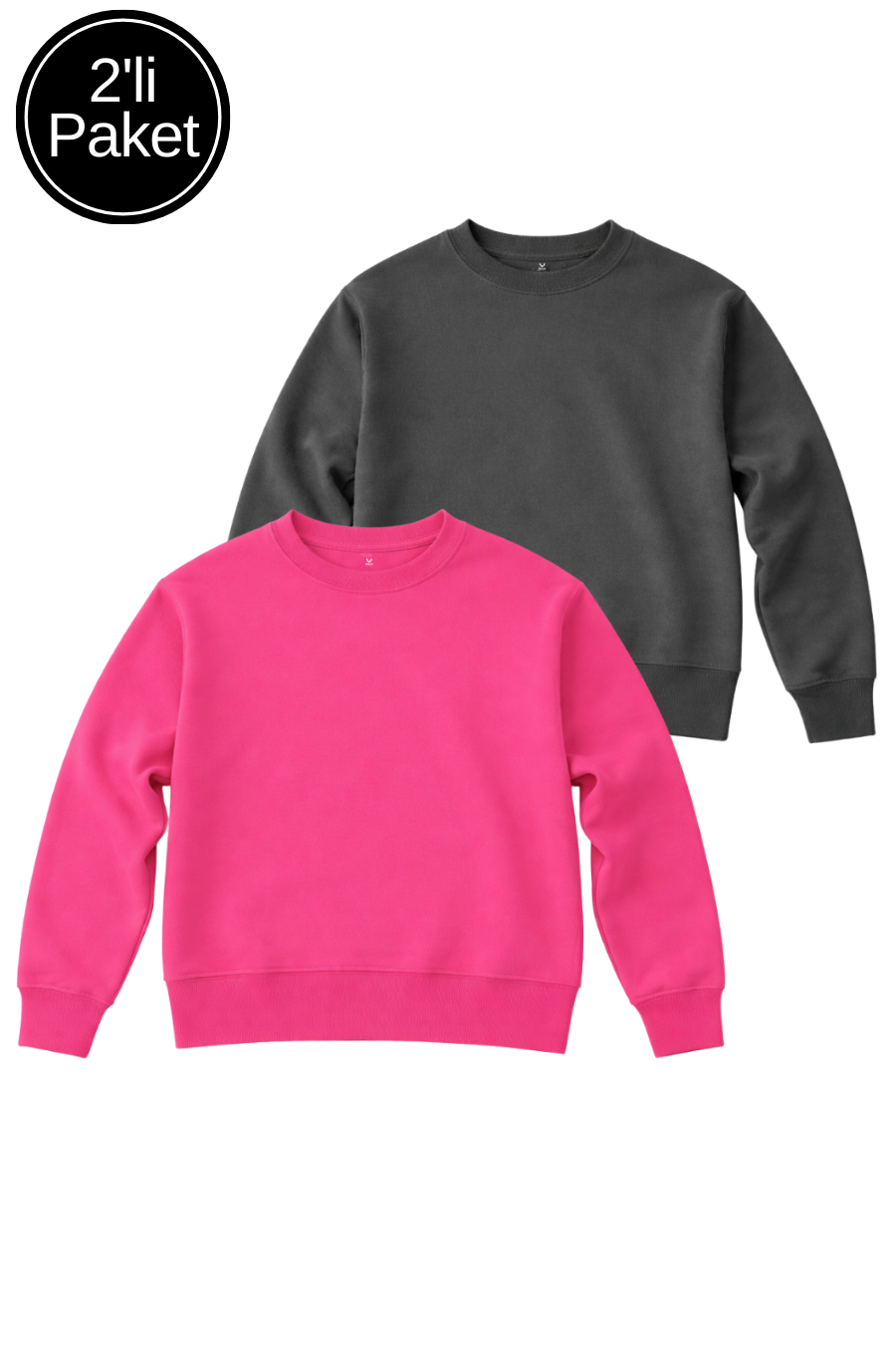 Kadın Antrasit-Pembe 2'li Paket İnterlok Oversize Sweatshirt