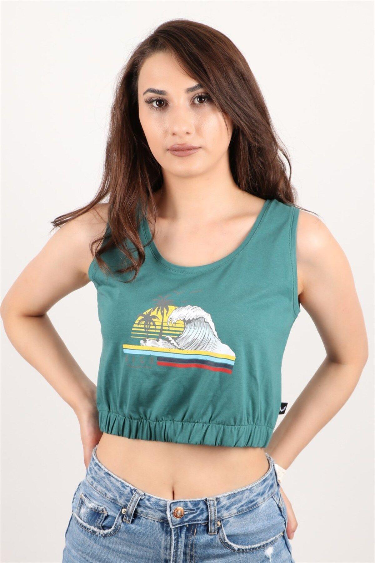 Kadın Baskılı Kolsuz Crop Bluz