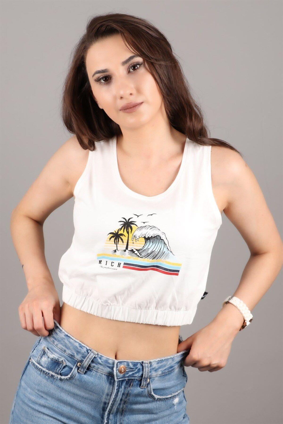 Kadın Baskılı Kolsuz Crop Bluz