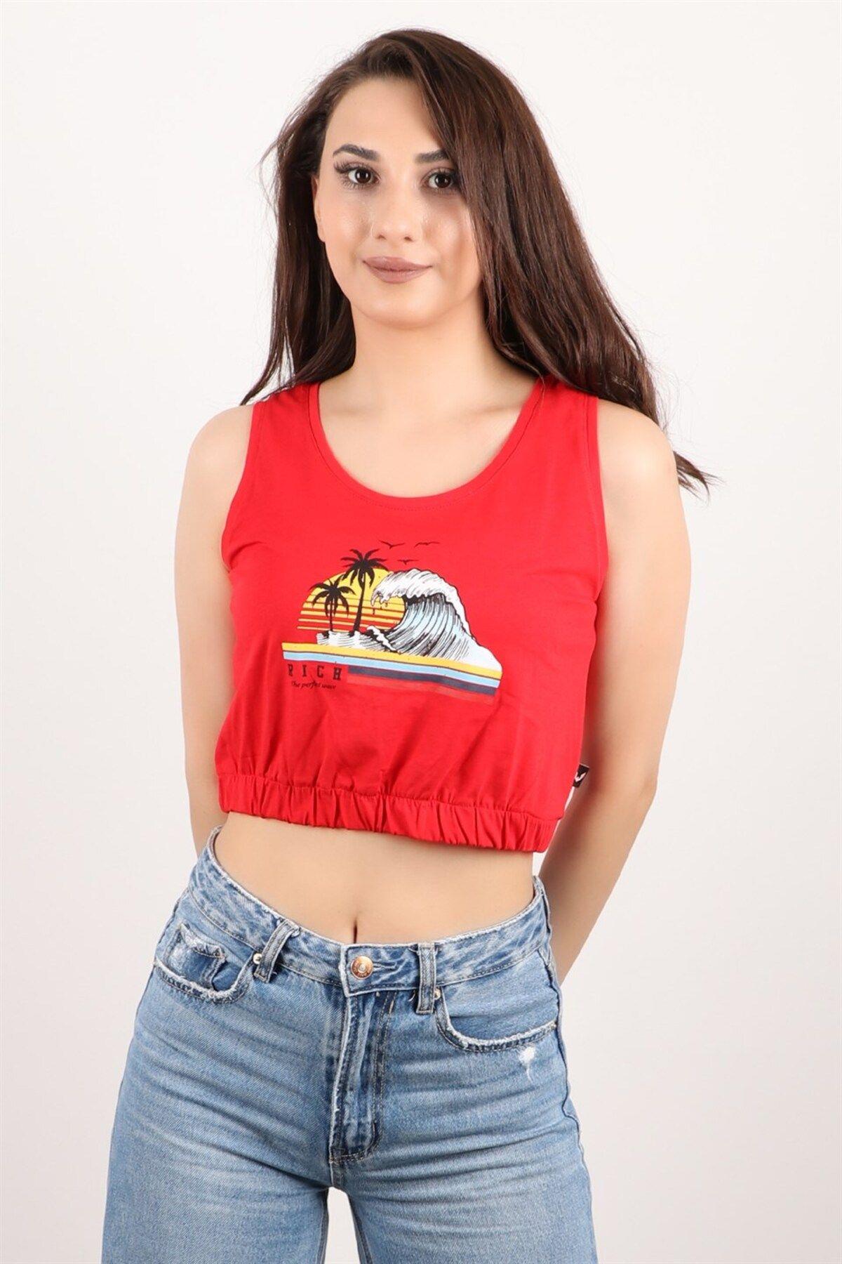 Kadın Baskılı Kolsuz Crop Bluz