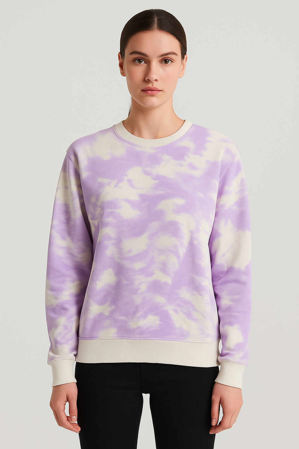 Kadın Batik Desen Bisiklet Yaka Renkli Oversize Relaxed Uzun Kollu Sweatshirt