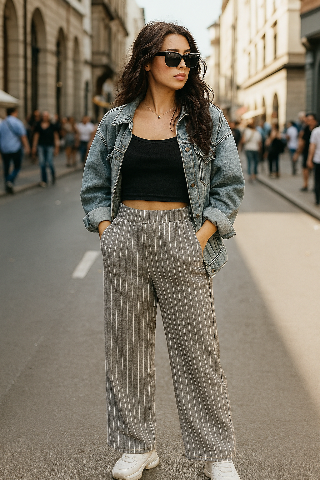 Kadın Bej Beyaz Çizgili  Yüksek Bel Lastikli Yandan Cepli Dokuma Pantalon 