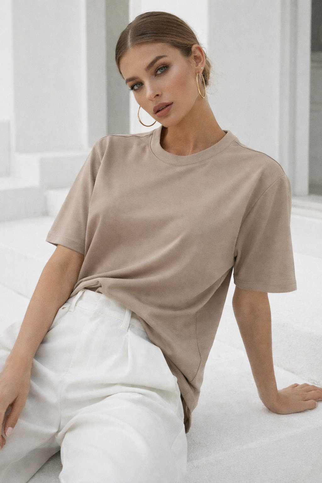 Kadın Bej Premium Modal Kumaş Oversize T-Shirt