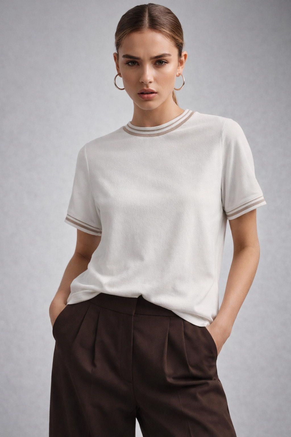 Kadın Beyaz Bisiklet Triko Yaka Kısa Kollu Basic T-Shirt