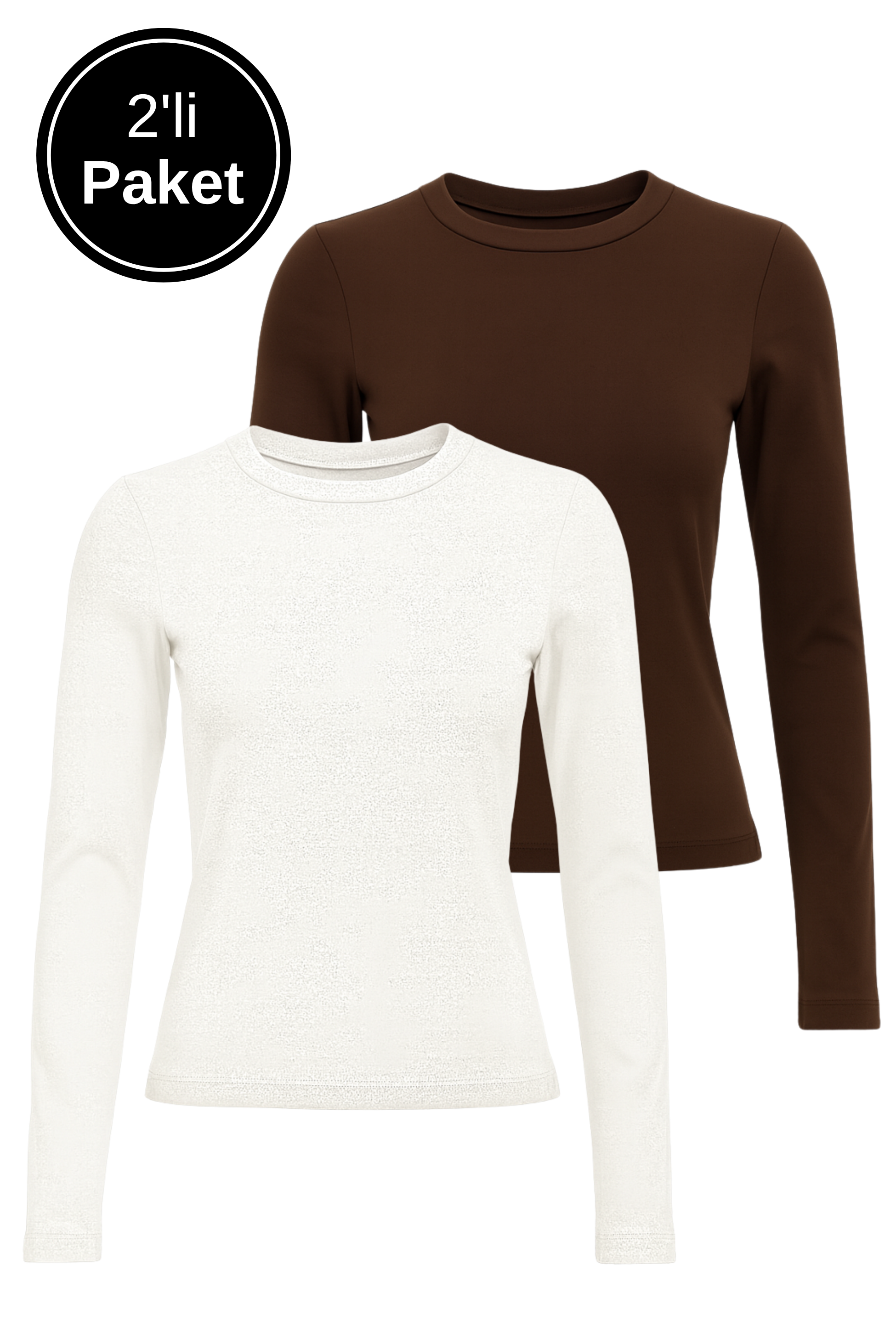 Kadın Beyaz-Kahverengi 2'li Paket Bisiklet Yaka Esnek Kumaşlı Vücuda Oturan Slim Fit Uzun Kollu Crop Body