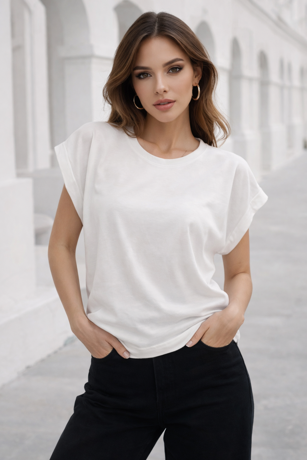 Kadın Beyaz Pamuklu Duble Kol Detaylı Rahat Kalıp T-Shirt