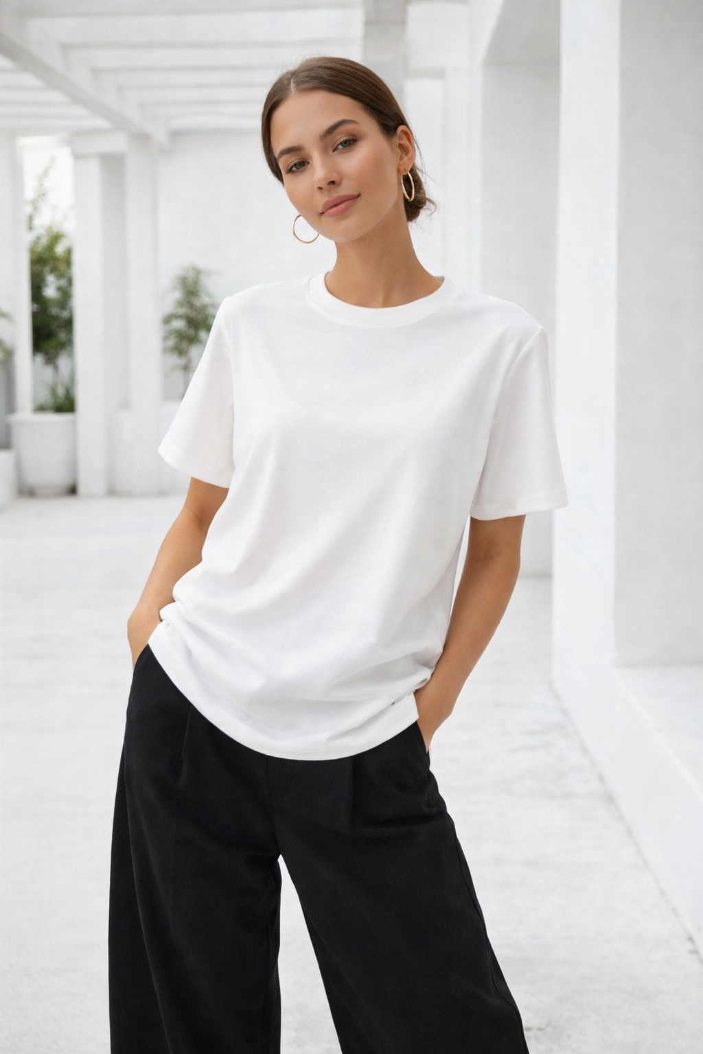 Kadın Beyaz Yumuşak Dokulu İnterlok Bisiklet Yaka Basic T-Shirt