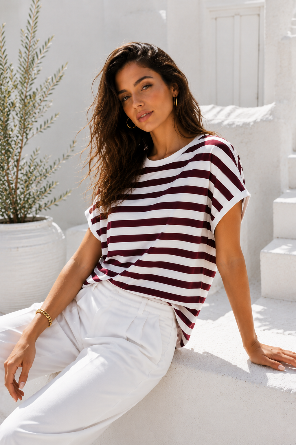 Kadın Bordo Beyaz Çizgili Yarasa Kol T-Shirt | Şık Basic Tişört