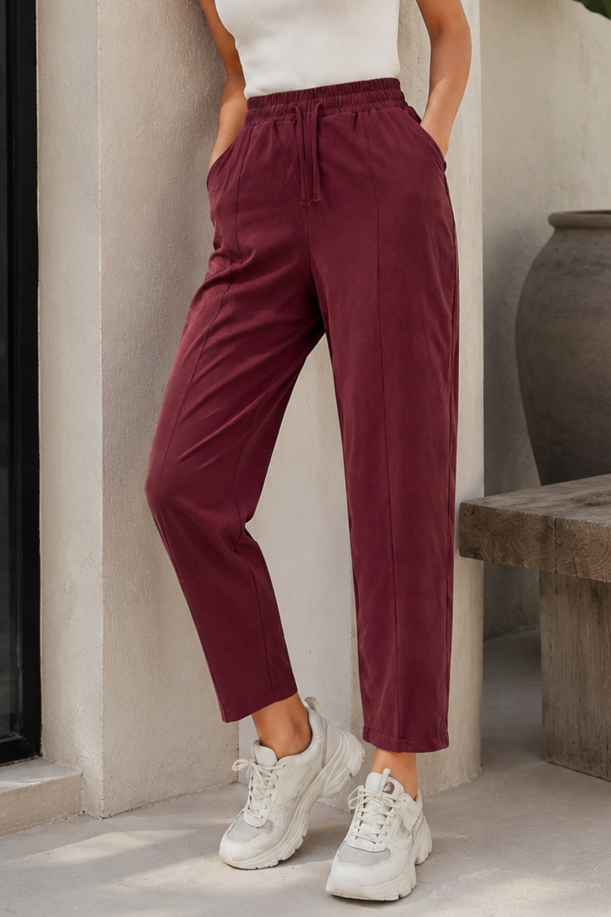Kadın Bordo Dokuma Beli Lastikli Dokuma Havuç Pantolon